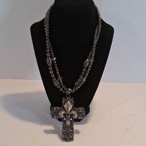 Ornate Fleur'de Lis Cross Statement Necklace  -- Excellent Condition !!